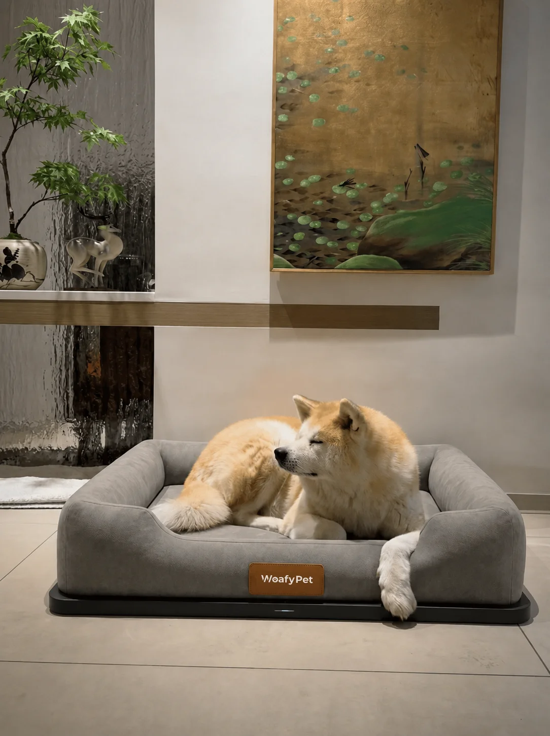 An Akita relaxing on the gray WoafyPet bed and black Smart Base