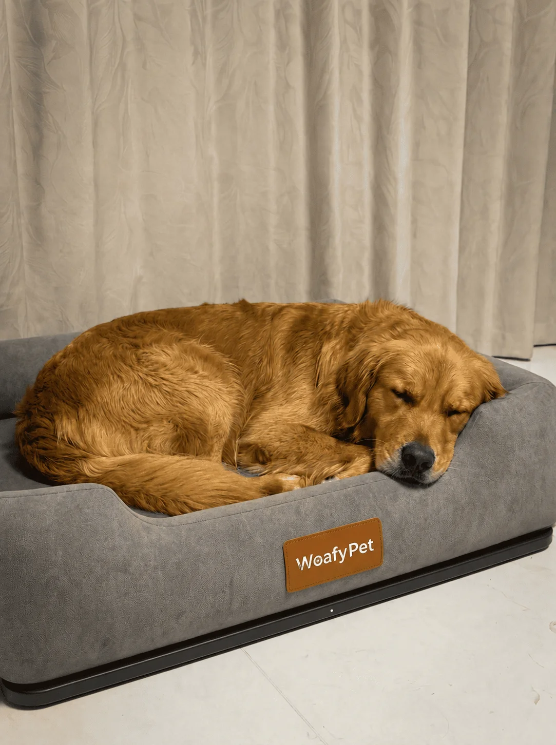 A golden retriever resting on the gray WoafyPet bed with the Smart Base underneath